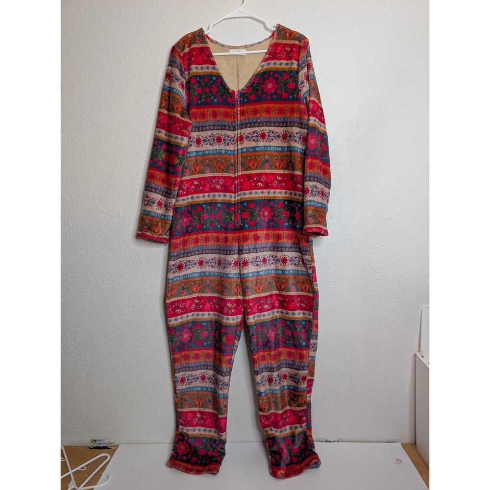 Natural Life Womens Medium‎ One Piece Jumpsuit Fleece Pink Floral Boho Pajamas